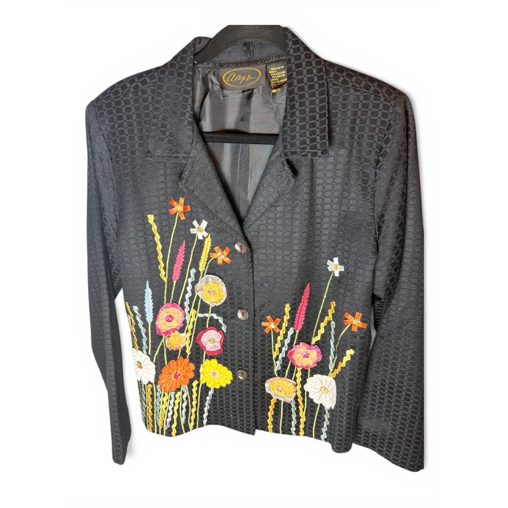 Alex Kim‎ Black Textured Floral Ribbon Embroidered Button Front Blazer Jacket